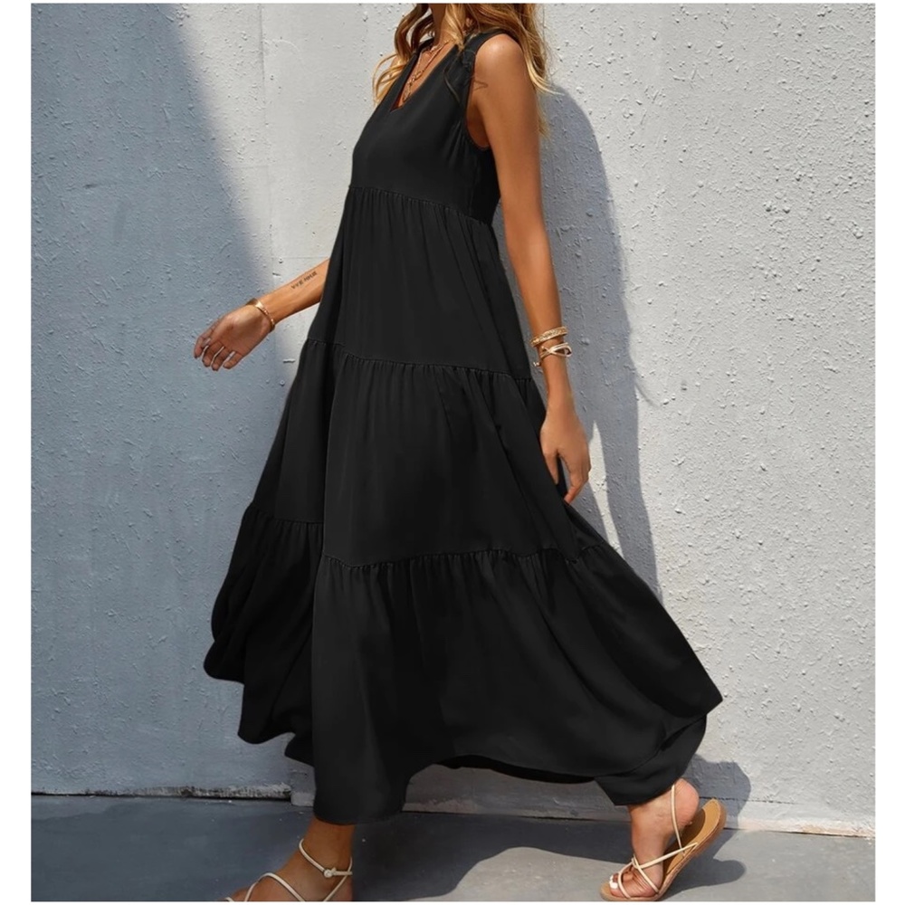 Boho Black Sleeveless Ruffle maxi Dress - Picture 3 of 14